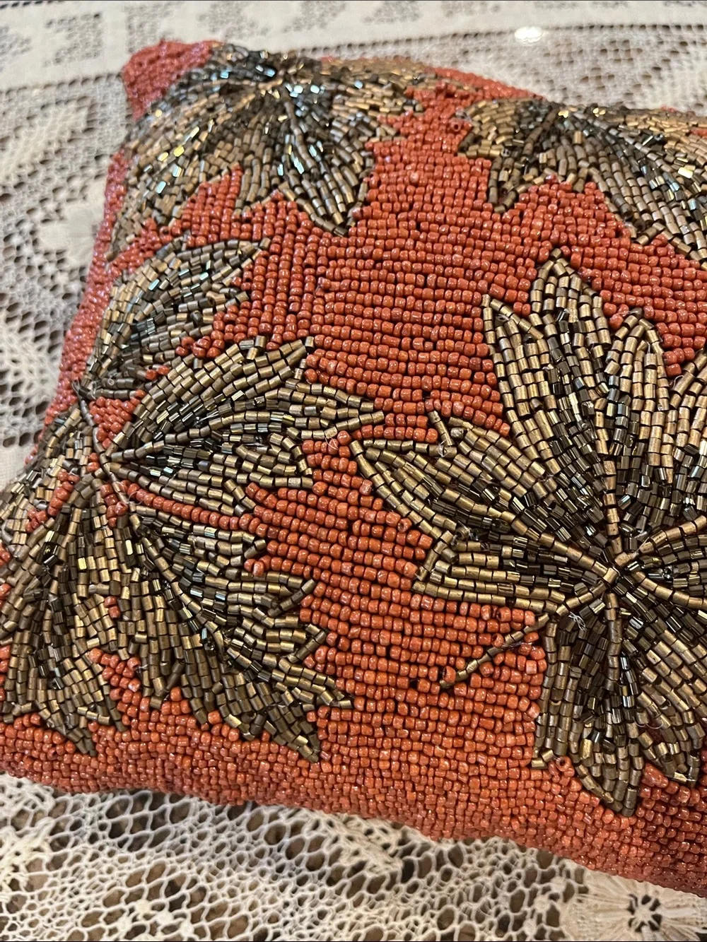 Autumn Hill Orange with Gold Leaves Ornate Beaded Accent Pillow Fall Decor